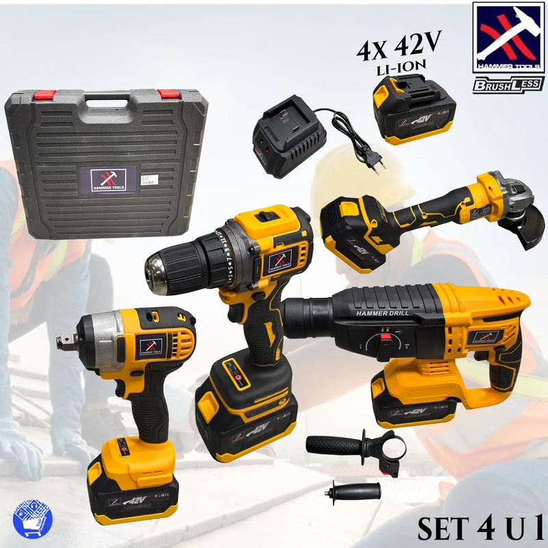 HAMMER TOOLS AKU SET 4U1 BUŠILICA/UDARNI ODVIJAČ/KUTNA BRUSILICA/SDS ŠTEMERICA X4 BATERIJA 42V Outlet Prodaja